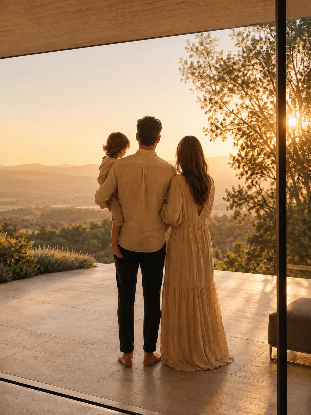 A couple and their child looking out over a sunlit landscape