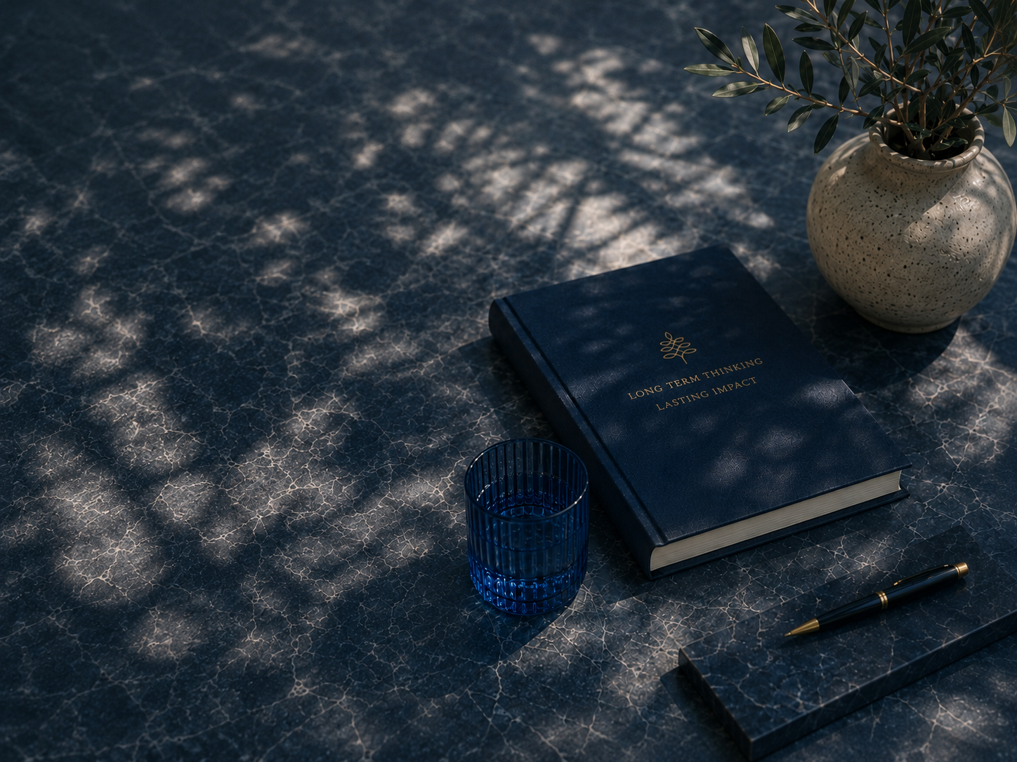 A Cedar Capital book and olive branch on a dark stone table